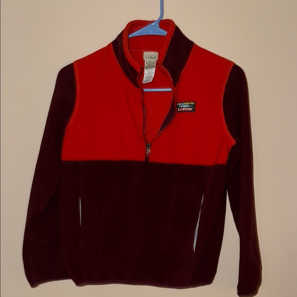 LL Bean Red and Burgundy Fleece Pullover Kids Medium